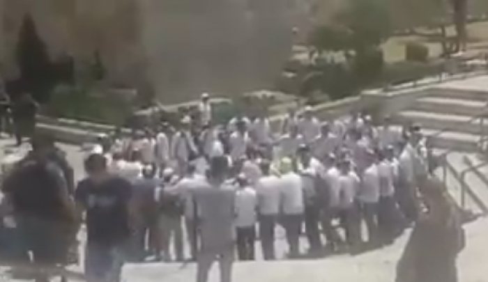 القدس المحتلة- مستوطنون يؤدون رقصات استفزازية في باحات باب العامود
