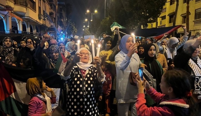 دور بارز للمرأة المغربية في تنظيم المظاهرات الداعمة لغزة. الصورة من مسيرة مدينة المحمدية، الأحد 19/ نوفمبر